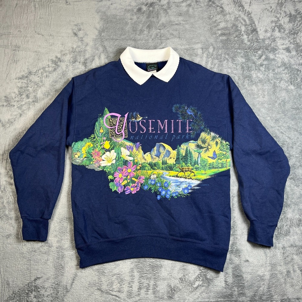VTG Habitat Sweatshirt Womens Large Blue Yosemite National Park Fleece Collared